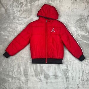 Jordan Puffer Jacket Full Zip Red Padded Hooded Coat Jumpman Logo Taped Sleeve